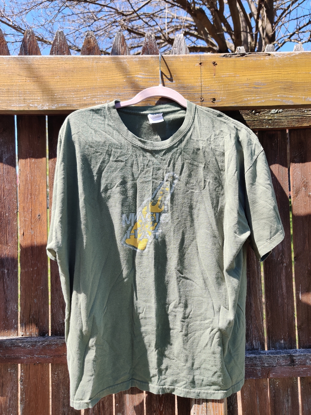 Gildan Olive Green Short Sleeve Graphic Tee with Yellow Accent